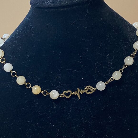 Natural Yellow Aventurine Necklace, Bronze Paw Print Heart Beat+Genuine Gemstone - Picture 3 of 14